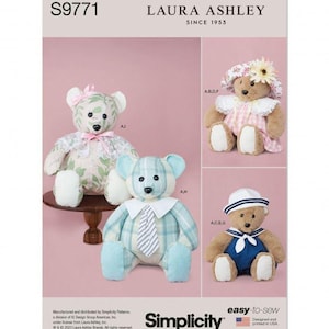 May include: Simplicity sewing pattern S9771 for Laura Ashley teddy bears. The pattern features three stuffed bears wearing different outfits: a floral print dress with lace, a plaid shirt with a tie, and a sailor suit with a hat and floral bonnet.
