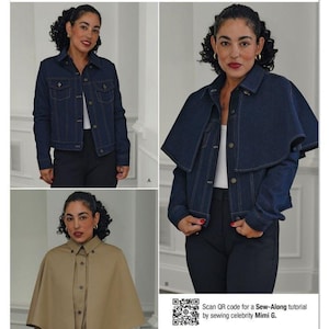 Op de afbeelding: Een naaipatroon-envelop S3168 van Mimi G. en Simplicity. Het toont drie kledingvariaties: een donkerblauw spijkerjack, een donkerblauw spijkerjack met een cape-overlay en een beige overhemd met knopen en een cape-overlay.
