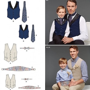 May include: A sewing pattern for a waistcoat and bow tie or tie. The pattern includes instructions for making a waistcoat with a button fastening and a bow tie or tie. The pattern is designed for both adults and children. The pattern is printed in the USA.