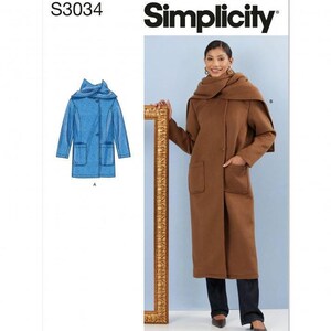 May include: Simplicity sewing pattern S3034 featuring a long-sleeved coat with a large collar and patch pockets. The pattern includes a blue technical illustration of a shorter coat and a photograph of a brown long coat with a matching scarf.