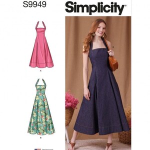 May include: Simplicity sewing pattern S9949 featuring a halter-neck dress with a fitted bodice and a full, flared skirt. The pattern includes illustrations for a solid pink version and a teal version with a tropical floral print, alongside a dark blue denim version.