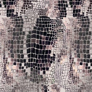 May include: A fabric featuring a repeating reptile skin pattern in shades of black, charcoal, and soft pink on a light beige background. The design includes varying sizes of rectangular and circular scales, with a ruler visible at the top and bottom.
