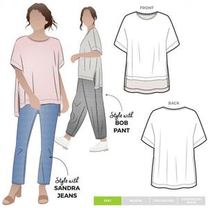Könnte beinhalten: Eine Schnittmuster-Illustration für ein kurzärmeliges Oberteil mit Rundhalsausschnitt und Seitenschlitzen. Die Grafik zeigt das Kleidungsstück in Rosa und Grau, kombiniert mit blauen Jeans oder gemusterten Hosen, sowie technische Zeichnungen FRONT und BACK.