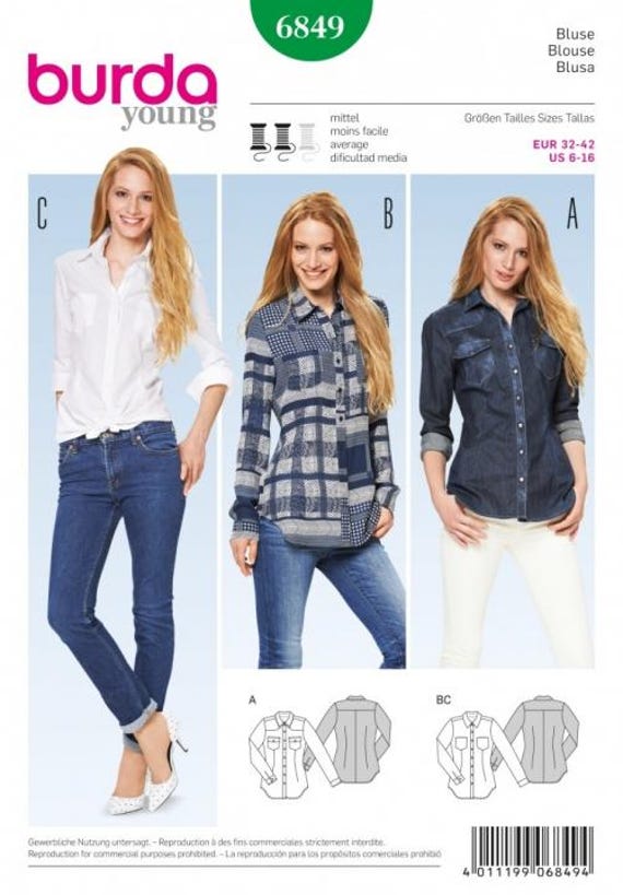 Burda Sewing Pattern 6849 Women 6-8-10-12-14-16 Shirts, Tops