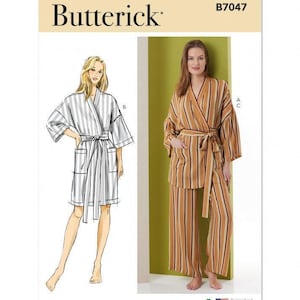 May include: Butterick sewing pattern B7047 featuring illustrations and photographs of a wrap-style robe and pyjama set. The designs include a grey and white striped robe and a mustard, brown, and white striped robe with matching wide-leg trousers.