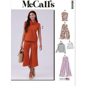 May include: McCall's sewing pattern M8456 featuring a sleeveless cowl neck top and wide-leg cropped trousers with patch pockets. The pattern envelope displays illustrations of variations A, B, C, D, and E, including a floral top, striped long-sleeve top, and shorts.