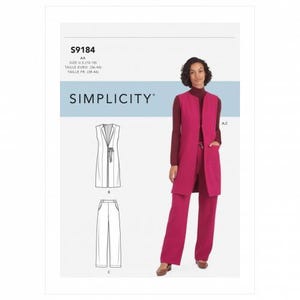 Könnte beinhalten: Simplicity Schnittmuster S9184 für eine ärmellose lange Weste und eine Hose mit weitem Bein. Die Packung zeigt technische Strichzeichnungen für die Modelle B und C sowie ein Foto eines Modells in der magentafarbenen Weste und Hose.