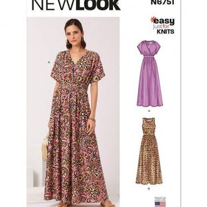 May include: New Look sewing pattern N6751 for a floor-length dress. The pattern features a V-neckline, short sleeves, and a gathered waist. The envelope displays a floral paisley print dress and two technical illustrations of dress variations.