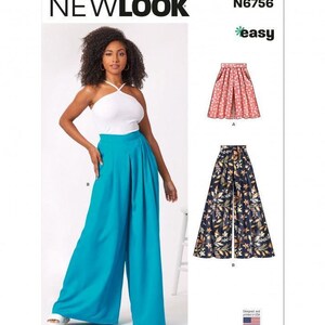 Puede incluir: Patrón de costura New Look N6756 para pantalón ancho. El sobre muestra un modelo con pantalón de tiro alto color verde azulado y top blanco, junto a ilustraciones de una falda pantalón rosa con lunares y un pantalón ancho con estampado floral.