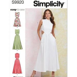 Op de afbeelding: Simplicity S9920 easy-to-sew naaipatroon envelop met een mouwloze midi-jurk met een hoge halslijn, zijdelingse uitsnijdingen en een wijde rok. Het patroon bevat drie variaties: een bloemenprint, een effen lichtgroen en een effen koraalroze.