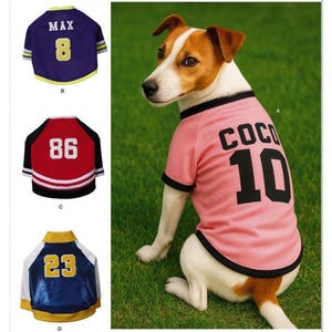 Può includere: Cartamodello Simplicity S3183 per magliette stile varsity per cani. Include design per una maglietta rosa con COCO 10, viola con MAX 8, rossa con 86 e blu e bianca con 23. Include un codice QR per le istruzioni sulle lettere applicate.