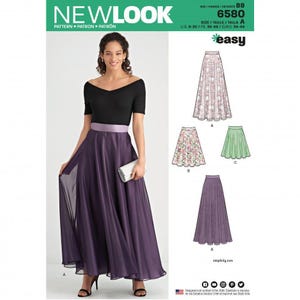 May include: New Look sewing pattern 6580 for a skirt in sizes 8-20. The pattern envelope displays a black off-the-shoulder top paired with a floor-length purple skirt, alongside illustrations of three other skirt variations in floral and solid green.