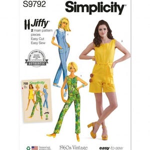 May include: Simplicity sewing pattern S9792 for a 1960s vintage Jiffy jumpsuit and romper. The envelope features illustrations of a blue jumpsuit, a green floral jumpsuit, and a yellow romper, along with a small inset image of pattern 7133.