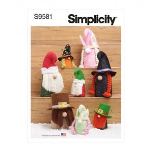 May include: Simplicity S9581 sewing pattern envelope featuring illustrations of eight decorative gnomes with various hats, beards, and braids. The gnomes include designs with red, green, black, pink, and brown fabric elements and accessories.