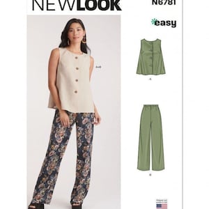 以下が含まれることがあります： New Lookの型紙N6781。フロントボタン付きのノースリーブトップスとワイドパンツのセット。パッケージには、ベージュのノースリーブトップスと花柄のパンツを着用した姿に加え、各アイテムのテクニカルイラストが記載されています。