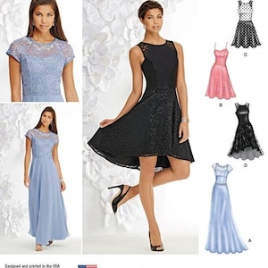 Könnte beinhalten: Simplicity Schnittmuster 1195 für Kleider. Das Bild zeigt verschiedene Kleidungsstile, darunter ein hellblaues Kleid mit Spitzenoberteil, ein schwarzes ärmelloses Kleid mit Spitzenbesatz, ein gepunktetes Kleid, ein rosa Kleid und ein langes blaues Kleid.