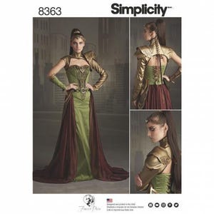 May include: Simplicity pattern 8363 features a costume design with a green corset bodice, a long dark red skirt, and metallic gold shoulder pieces with long sleeves. The set includes a high-collared neck piece and a matching headpiece accessory.
