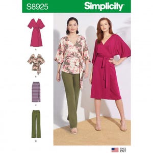 May include: Simplicity pattern S8925 features sewing instructions for a wrap dress and top with kimono sleeves and a tie waist, alongside a straight skirt and wide-leg trousers. The pattern displays a magenta wrap dress and a floral print wrap top.