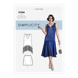 Könnte beinhalten: Simplicity Schnittmuster S9088 für ein Kostüm, bestehend aus einem ärmellosen königsblauen Kleid mit V-Ausschnitt, Perlenverzierungen am Oberteil und einem ausgestellten Rock. Die Schnittmusterhülle enthält technische Strichzeichnungen des Kleids.