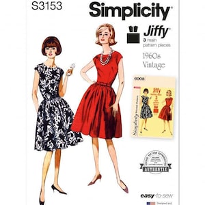 May include: A Simplicity Jiffy sewing pattern envelope S3153 featuring illustrations of two dresses, one in a black and white abstract print and one in solid red. The text includes 1960s Vintage, 3 main pattern pieces, and an authentic reproduction seal.