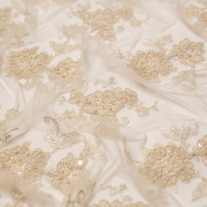 Minerva Core Range Zara Beaded Lace Fabric - Cappuccino Flowers Pattern - Width 130cm / 52&quot; - per metre
