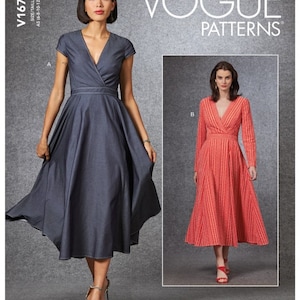 May include: Vogue Patterns sewing pattern for a wrap dress with short sleeves and a V-neckline. The pattern includes two variations: a solid denim dress and a striped red dress. The pattern number is V1672.