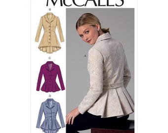 May include: McCall's M7513 sewing pattern featuring a fitted jacket with a peplum hem, long sleeves, and a notched collar. The pattern displays four variations in beige, purple, and blue, with a detailed view of a textured cream jacket.