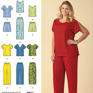 May include: Simplicity pattern 1446 features a woman in a red patterned outfit, with a matching top and pants. The pattern includes various tops, shorts, and pants in different colors and prints. The text "Simplicity 6 made easy" is visible.