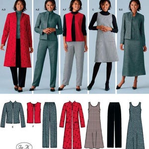 Peut inclure: Un patron de couture Simplicity pour des éléments de garde-robe faciles à coudre. L'image présente diverses options de tenues, dont un manteau rouge, un tailleur gris, un gilet noir et rouge, une robe à carreaux et un tailleur jupe gris. Le patron comprend des vestes, des gilets, des pantalons et des robes.