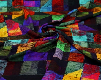 Minerva Exclusive Painters Patchwork Viscose Challis Fabric - Multicoloured Geometric, Patchwork Pattern - Width 150cm / 60&quot; - per metre