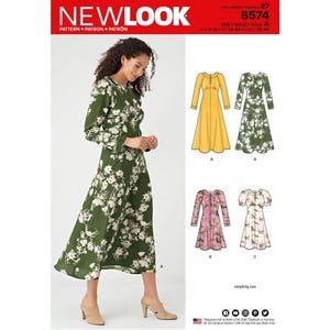 May include: New Look pattern 6574 features a long-sleeved, midi-length dress with a floral print on a dark green background. The pattern envelope displays four variations of the dress, including solid yellow, floral green, pink patterned, and white floral designs.