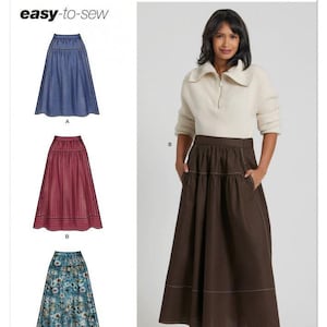 Könnte beinhalten: Simplicity Schnittmuster S3198 easy-to-sew mit drei Rockvarianten. Modell A ist ein blauer Rock, Modell B ist ein dunkelbrauner Rock mit weißen Ziernähten und Modell C ist ein Rock mit blauem Blumenmuster. Das Schnittmuster enthält Anleitungen.