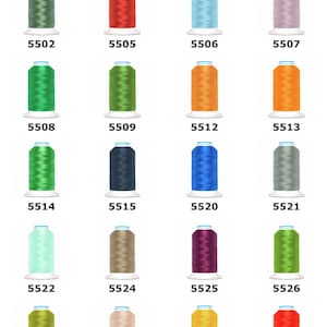 Könnte beinhalten: Eine Sammlung von Gütermann Super Brite Polyester 40 Stickgarnspulen mit jeweils 1000m Garn. Das Bild zeigt zwanzig einzelne Spulen in verschiedenen Farben, die jeweils mit einem spezifischen Zahlencode von 5502 bis 5536 beschriftet sind.