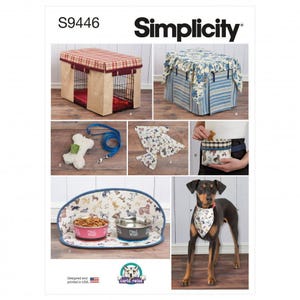 May include: Simplicity S9446 sewing pattern for pet accessories. Includes instructions for a crate cover, bone-shaped treat bag, dog bandana, treat pouch, and a pet mat with two bowls. Features various fabric patterns including plaid and floral prints.