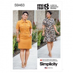 May include: A Simplicity S9463 sewing pattern envelope featuring two dress variations. One is a solid mustard yellow button-front dress with a collar, chest pockets, and a belt. The other is a leopard print dress with a collar, short sleeves, and a belt.