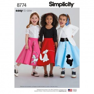 May include: Simplicity 8774 easy-to-sew pattern featuring three flared skirts with animal appliqués. One pink skirt with a white poodle, one red skirt with a white cat, and one light blue skirt with a black dog. Each skirt includes a leash design.
