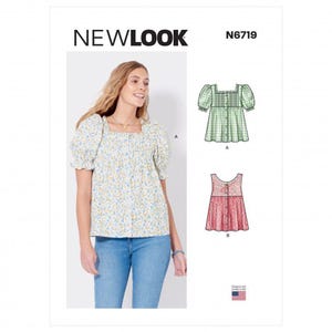 May include: A New Look N6719 sewing pattern envelope featuring a floral print blouse with puff sleeves and a square neckline. The pattern includes two variations: a green gingham blouse with puff sleeves and a sleeveless pink floral top with buttons.