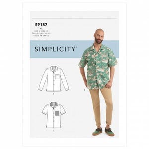 以下が含まれることがあります： Simplicityの型紙S9157。キャンプカラーと胸ポケットが付いた半袖ボタンダウンシャツ。型紙には長袖と半袖の技術的な線画が含まれており、モデルがグリーンのプリントシャツを着用している様子が示されています。
