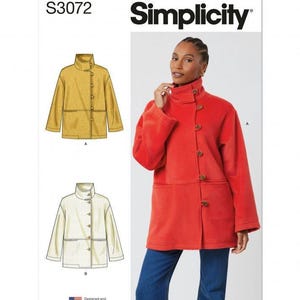 May include: Simplicity sewing pattern S3072 featuring a jacket with a high collar and button front closure. The pattern includes illustrations of a yellow jacket and a white jacket, alongside a photograph of a red jacket worn with blue jeans.
