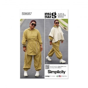 Könnte beinhalten: Simplicity Schnittmuster S9687 von Mimi G. A DIY & lifestyle brand. Das Schnittmuster enthält einen olivgrünen Anorak mit Kapuze und Kordelzug in der Taille, eine passende Hose sowie einen cremefarbenen Pullover mit kurzem Reißverschluss.