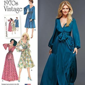 Peut inclure: Patron de couture Simplicity 8013 pour une robe portefeuille style vintage années 1970. L'enveloppe présente des illustrations de quatre variantes de robes à manches longues, décolletés en V et liens à la taille, dont une robe bleu sarcelle.