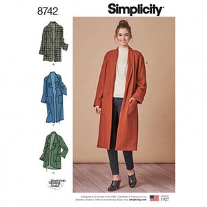 May include: Simplicity pattern 8742 for a long, open-front coat with patch pockets and long sleeves. The pattern includes illustrations for three variations in houndstooth, blue, and green, plus a photograph of a rust-coloured version.