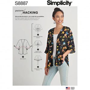 May include: Simplicity pattern S8887 for a kimono, featuring a black fabric with a colourful floral print. The pattern envelope displays technical line drawings for four variations, including a base pattern, drawstring peplum, cold shoulder, and tie front.