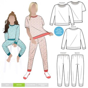 May include: A sewing pattern illustration featuring two figures wearing matching pajama sets with short and long sleeve options. The technical drawings show front and back views of a crew neck top and elastic waist pants, labeled with short and long sleeve versions.