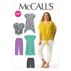 May include: McCall's Easy sewing pattern for tops and trousers. The pattern includes a yellow top with a tie, a green dress, a purple pair of trousers, a black pair of trousers, and a white top with a tie.