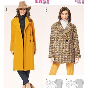 以下が含まれることがあります： Burda Styleの型紙封筒6736、ジャケットとコート用。Aは2つボタンの長いマスタードイエローのコート。Bは1つボタンの短いマルチカラーのツイードジャケット。技術的な線画が含まれています。