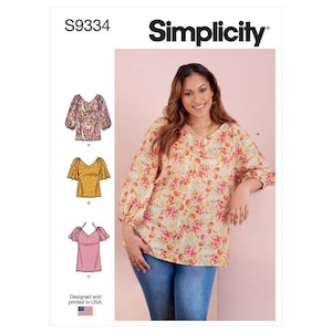 May include: Simplicity sewing pattern S9334 featuring three top variations. The main image shows a floral print blouse with a V-neckline and three-quarter length sleeves. Technical sketches display options A, B, and C with varying sleeve styles.