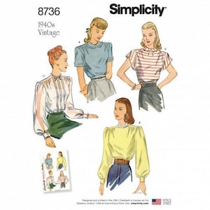 May include: Simplicity 8736 1940s Vintage sewing pattern envelope featuring illustrations of four blouse styles. Designs include a white long-sleeve blouse with lace trim, a blue short-sleeve blouse, a red and white striped blouse, and a yellow long-sleeve blouse.