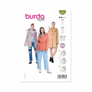 May include: Burda Style sewing pattern number 5923 for a parka. The pattern includes instructions for three different styles of parkas, all with hoods. The pattern is for sizes EUR 34-48, US 8-22.