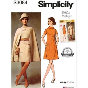 May include: A Simplicity S3084 sewing pattern envelope featuring a 1960s vintage design. The cover displays a beige cape and dress ensemble, an orange short-sleeved dress, and a small inset image of the garments. Text includes Simplicity, 1960s Vintage, 8642, Authentic, and easy-to-sew.